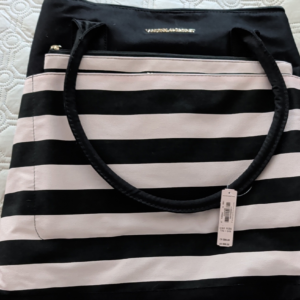 Victoria's Secret Black and Pink Striped Tote